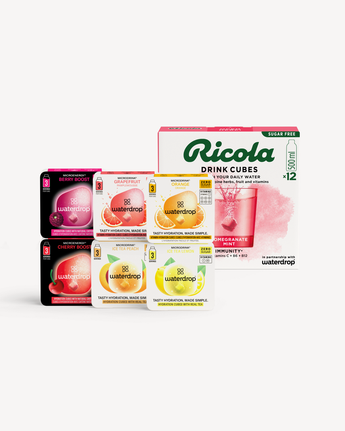 waterdrop® x Ricola Taster Set mit Mikrodrinks und Immunitäts-Boost-Würfeln.