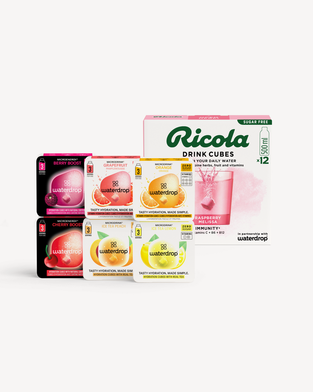 waterdrop® x Ricola Taster Set: Hydrationswürfel in verschiedenen Geschmacksrichtungen.
