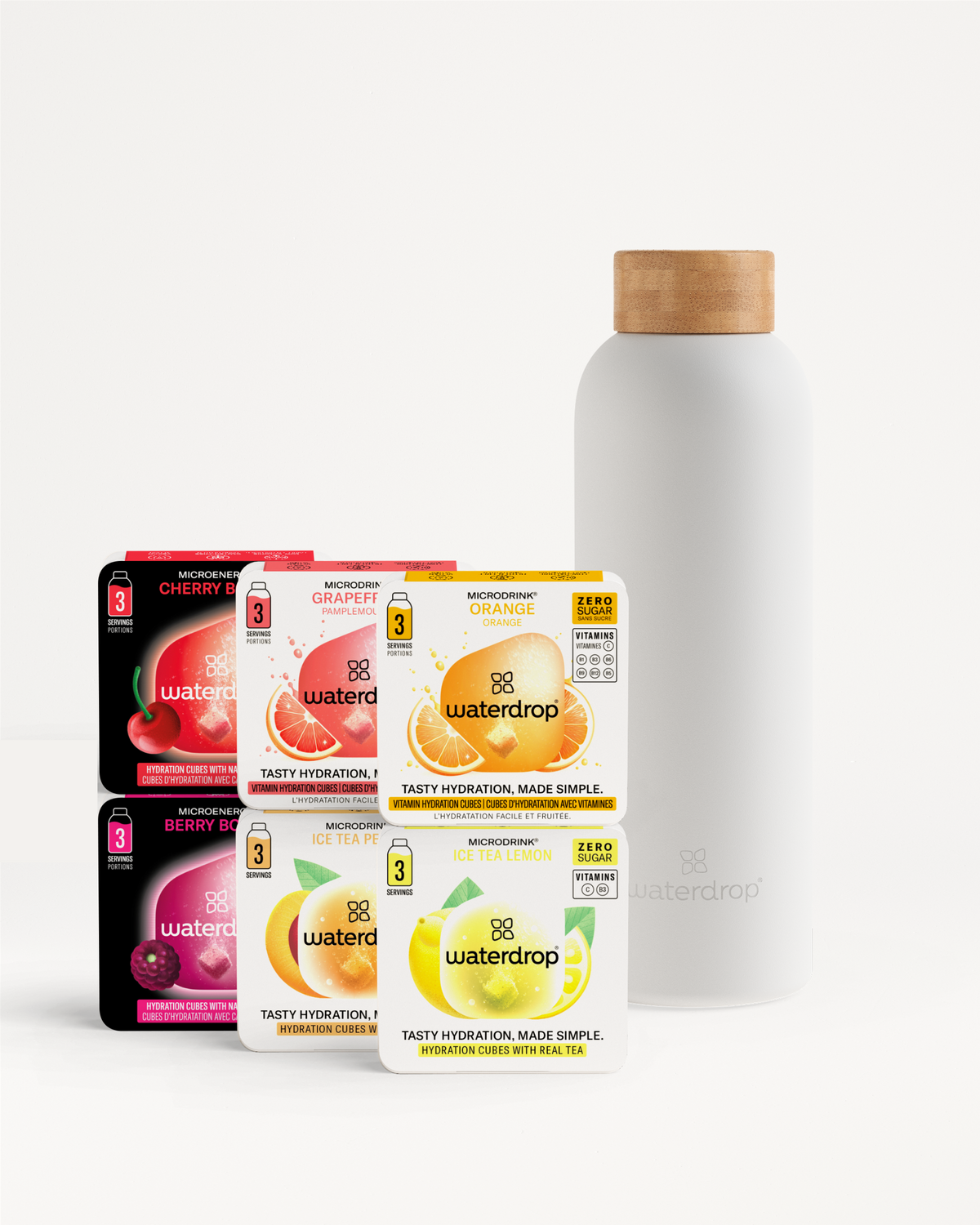 Starter Set Microdrink Thermo Steel with six hydration-cube flavors and bottle.